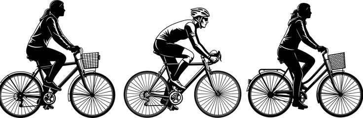 Obraz premium Set of three black and white silhouettes showing people riding city bikes with baskets and a road cyclist in gear