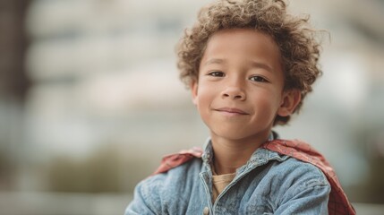 Close-up portrait of a young boy with curly hair. he is wearing a denim jacket with a red scarf around his neck. the boy is looking directly at the camera with a slight smile on his face.