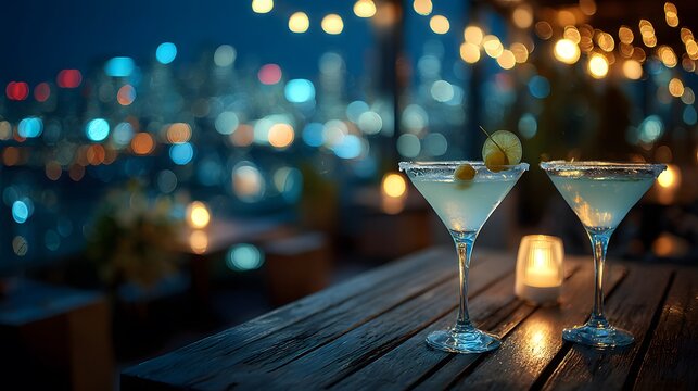 Two elegant cocktails on a rooftop bar table at night with blurred blue city lights in the background creating a sophisticated atmosphere.