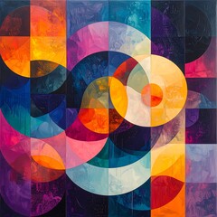 Square abstract art with superimposed transparent overlapping circles and rich color palette
