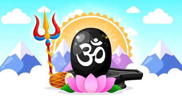 Cartoon Style Shiv Ling Animation with Om Symbol Trishul Lotus and Soft Devotional Glow Background