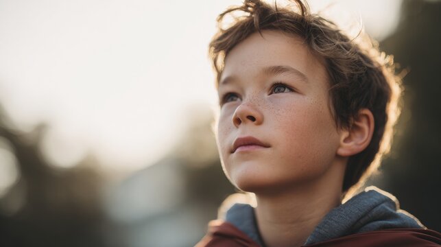 Close-up portrait of a young boy's face. he appears to be around 6-7 years old and has short, curly hair. he is looking up towards the sky with a thoughtful expression on his face.