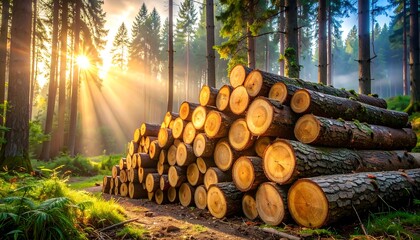 Sunlit forest path with stacked logs. Lush green undergrowth and tall trees frame the golden light