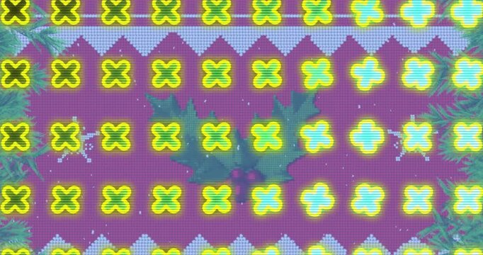 Animation of abstract shapes in seamless pattern and mistletoe over traditional christmas pattern