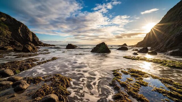 Sunlight gleams over rocky shoreline with tidal pools reflecting golden sunset rays in calming coastal scene