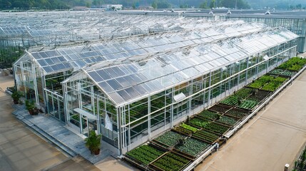 Fototapeta premium Photovoltaic agricultural greenhouse, transparent PV panels build the roof, fruits and vegetables planted inside, integration of pastoral and technology scene