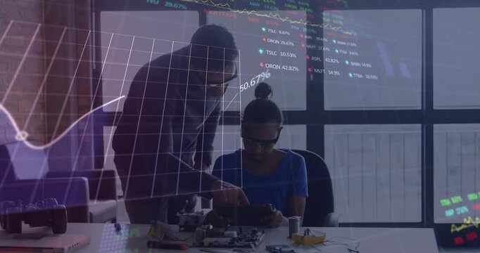 Animation of stock market data processing over male teacher teaching female student at school