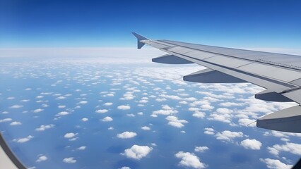 Airplane wing in flight above a sea of clouds against a blue sky