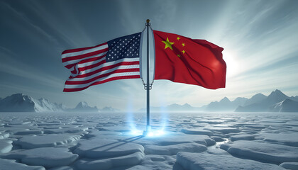 Fototapeta premium US And China Global Influence Territorial Conflict, Cinematic geopolitical image showing global influence conflict between the United States and China. Two opposing flags with subtle electromagnetic