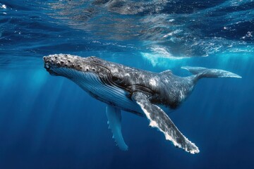 Obraz premium Humpback whale swimming in vibrant blue ocean illuminated by sunlight, showcasing its unique shape and beautiful patterns in serene underwater habitat