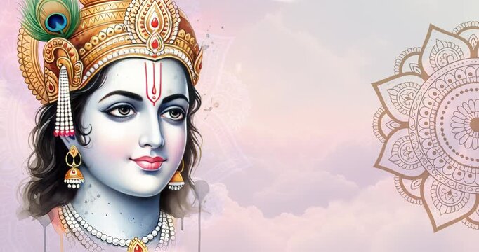 Lord Krishna Portrait Illustration with Soft Pastel Background, Hindu Spiritual Art for Meditation, Festival, and Religious Design with Copy Space