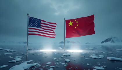 Fototapeta premium US And China Global Influence Territorial Conflict, Cinematic geopolitical image showing global influence conflict between the United States and China. Two opposing flags with subtle electromagnetic