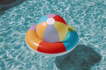 Obraz premium Colorful inflatable ball on a vibrant float in sparkling pool water, showcasing a playful mix of purple, yellow, red, and blue hues under bright sunlight with beautiful light reflections