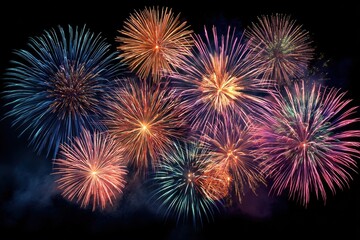 Fototapeta premium Colorful fireworks exploding in various geometric shapes against a black backdrop, enhancing the festive atmosphere with vibrant hues of blue, red, orange, and purple, accompanied by smoke clouds