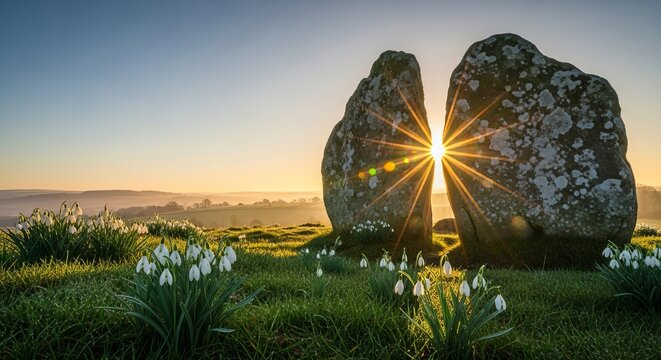 Majestic solar alignment during spring equinox at sunrise, with snowdrops in bloom, depicting a mystical natural harmony concept