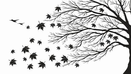 Silhouette of a Tree with Falling Leaves in the Wind.