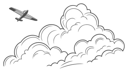 Vintage Airplane Soaring Through Cloudy Skies Illustration.