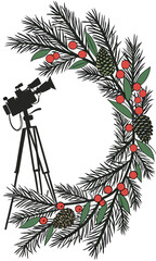 Vintage Camera and Holiday Wreath Illustration.
