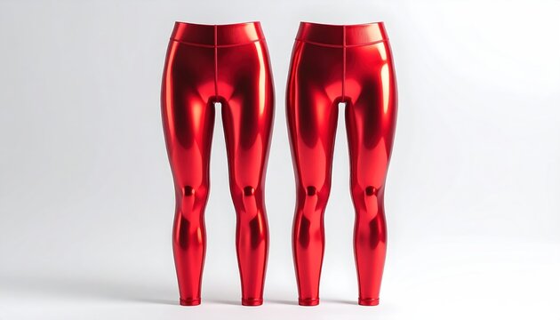 Two pairs of vibrant, shiny red leggings stand side-by-side against a stark white background