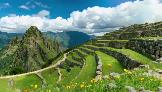 Aerial 4K footage of ancient Inca stone terraces pathways at Inkilltambo archaeological site Cusco Peru emphasizing archaeological detail cultural heritage landscape 