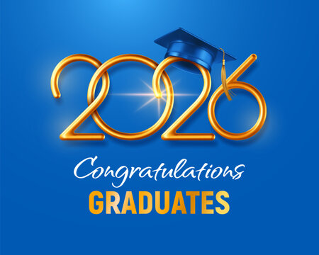 Congratulations graduates class of 2025 logo, 3d realistic graduation cap, gold convex numbers 2026 on blue background. For high school graduate, university, college graduation. Vector illustration