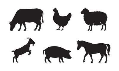 Black farm animal silhouette icon set with cow chicken sheep goat pig and horse isolated on white background