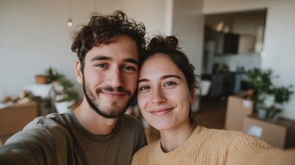 Fototapeta premium Selfie of a young couple taking a selfie in their new home. the man is on the left side of the image, with curly hair and a beard, and the woman on the right side is wearing a beige sweater.