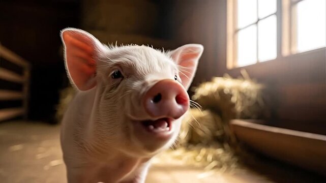 Adorable small piglet with an inquisitive expression looking at the camera in a cozy farm barn with soft window light.