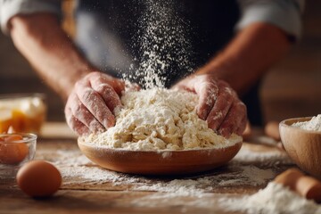 Fototapeta premium Hands mixing flour and dough in wooden bowl, baking ingredients on table