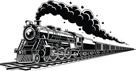 Powerful vintage steam locomotive pulling long train on railway tracks with dramatic smoke, detailed black and white illustration © Asik