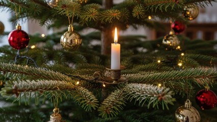 Christmas Tree with Candle and Ornaments.