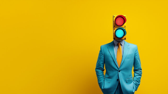 Business concept with traffic light head man in suit on yellow background with copy space