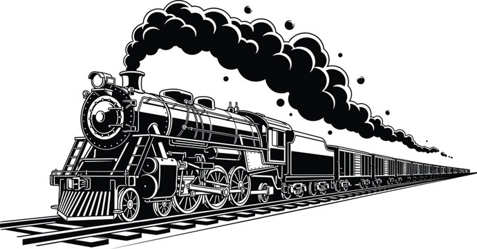 Powerful vintage steam locomotive pulling long train on railway tracks with dramatic smoke, detailed black and white illustration