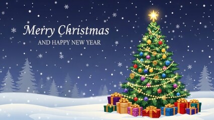 Christmas Tree with Gifts in Snowy Landscape.