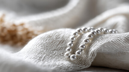 Macro closeup of textured white ihram fabric, visible weave pattern detail, prayer beads beside cloth, soft defocused background, pilgrimage garment texture, with copy space