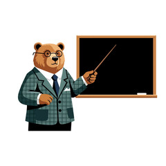 Cartoon Bear Teacher Standing Near Blackboard.