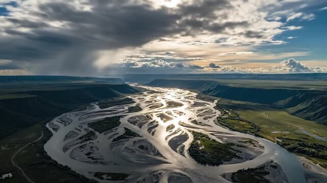 Aerial view of a vast river delta landscape with cloudy sky at sunset