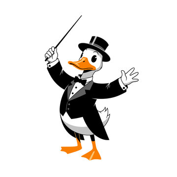 Cartoon Duck Conductor Wearing Suit Hat.