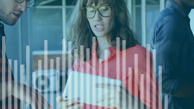 Two people discussing data on tablet with bar graph animation overlay
