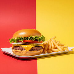 A delicious double cheeseburger with fries on a colorful background