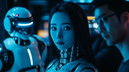 Obraz premium A captivating scene of technology blending seamlessly with humanity. This image showcases the future of robotics and artificial intelligence in a stunning setting. Generative AI