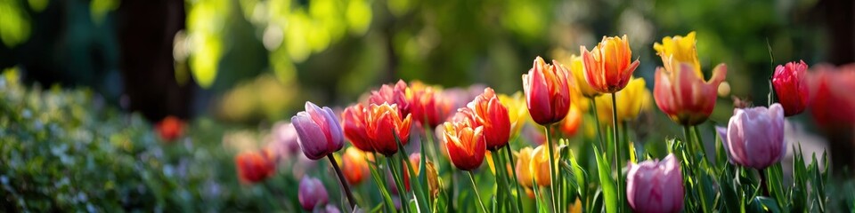 Obraz premium Vibrant spring tulips blooming in sunlit garden with lush greenery