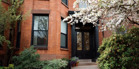 Charming red brick building with blossoming tree in springtime