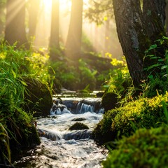 Sunlit forest stream flows, surrounded by lush green moss and trees bathed in golden light, creating a serene scene