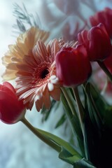 Fototapeta premium Vibrant bouqet of pink gerbera daisies and tulips with soft lighting