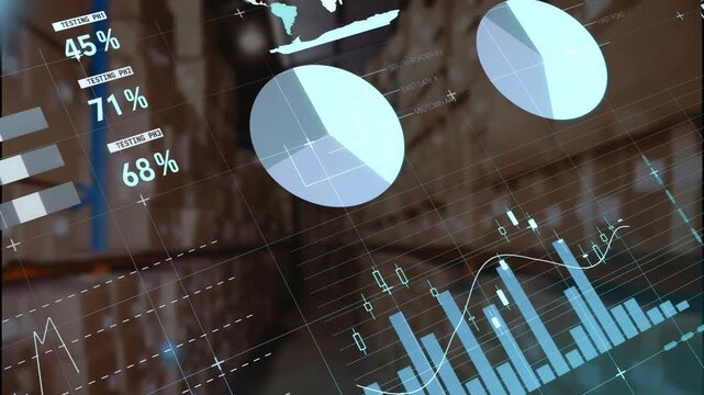 Animated interface showing pie chart occupying center with blue segments beside rising bar chart