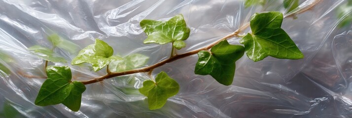 Vibrant green ivy vine enclosed in transparent plastic sheeting