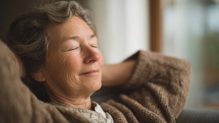 Close-up portrait of an elderly woman sitting on a couch with her eyes closed and her head resting on her arm. she appears to be relaxed and enjoying the moment.