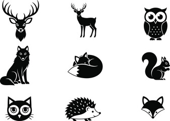 Obraz premium Woodland animal vector illustration set with deer, owl, fox, wolf, squirrel, cat, hedgehog designs for nature artwork