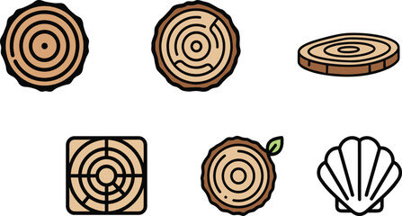 Wood Log Cross Section and Tree Ring Icon Set Flat Vector Illustration © MstBobita